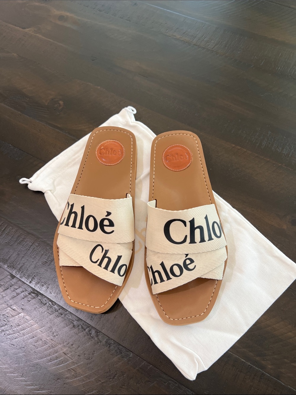 Women’s Leather Slide Sandals in Tan with Logo Canvas Straps - Picture 2 of 6